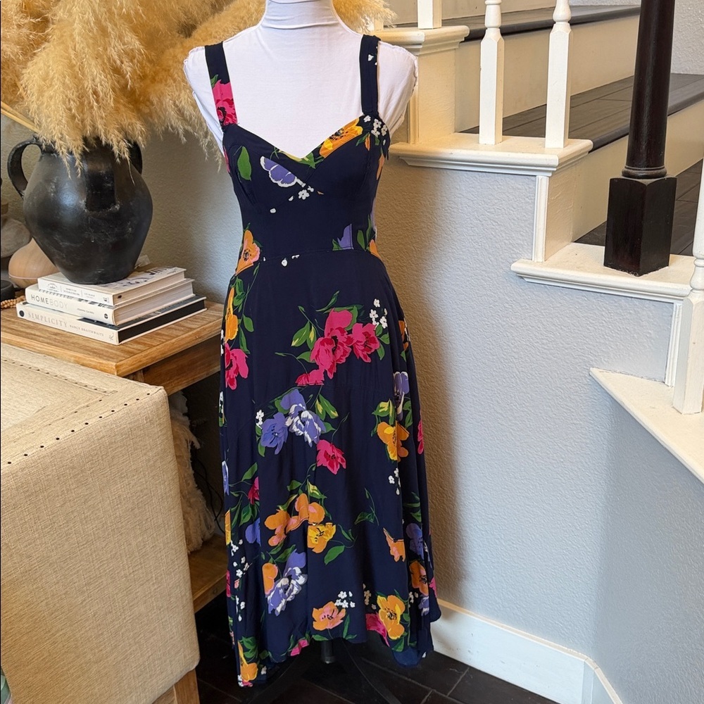 Anthropologie Maeve Vivienne Blue Motif Sweetheart Neckline Midi Dress Size 2 - Picture 2 of 8